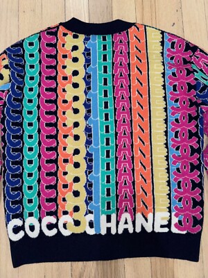 Chanel 21K Blue Rainbow Letter Logo CC Button Long Sleeve Cardigan