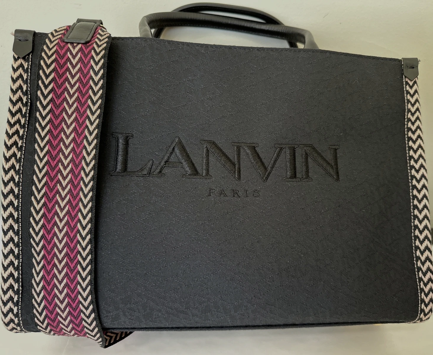 Lanvin — Lanvin Black Canvas and Leather Handles Jacquard Strap Medium In & Out Tote