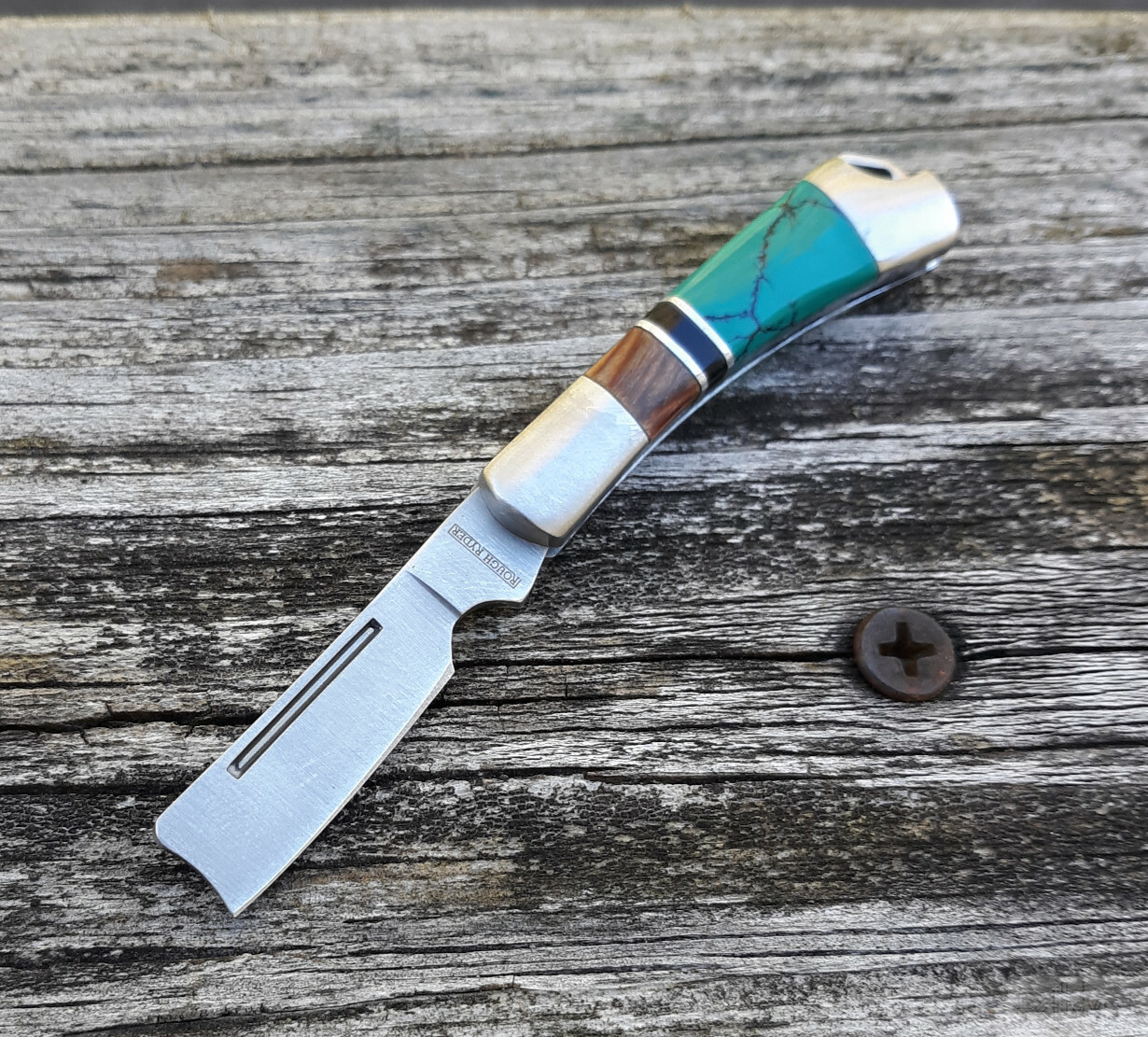 Rough Ryder Mini Razor Folding Knife 1.38" Stainless Blade Turquoise/Wood Handle
