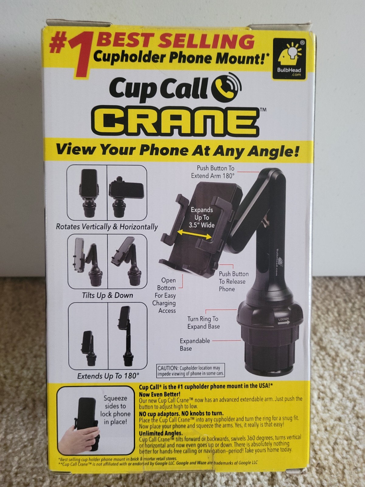 Bulbhead Cup Call Crane Cell Phone Mount For Car Cupholder, New In Box