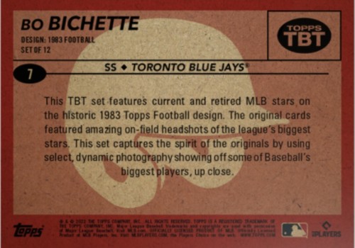 2022 TOPPS TBT 1983 FOOTBALL SET 3 CARD TORONTO BLUE JAYS BO BICHETTE #7 - Picture 2 of 2
