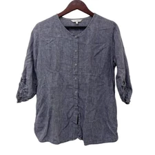 Kleen Women's Blouse Size Medium Blue Linen Button-Down V-Neck 3/4 Sleeve Casual