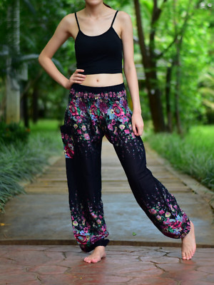 Hose bunt Haremshose Pumphose Stoffhose Hippie Manda L X blau Blumen Sommerhose