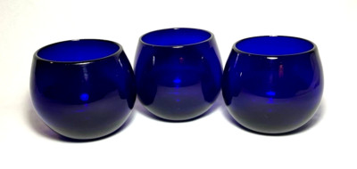 Set (3) Hand Blown 16 Oz. Cobalt Blue ROLY POLY DOUBLE OLD FASHIONED GLASSES