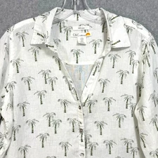 C&C California 100% Linen Blouse Size M Roll Tab Button Front Palm Tree Beachy
