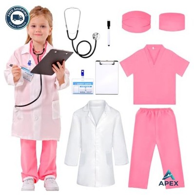 Kids Doctor Costume Set White Lab Coat Stethoscope Mask Hat Pretend Play Career