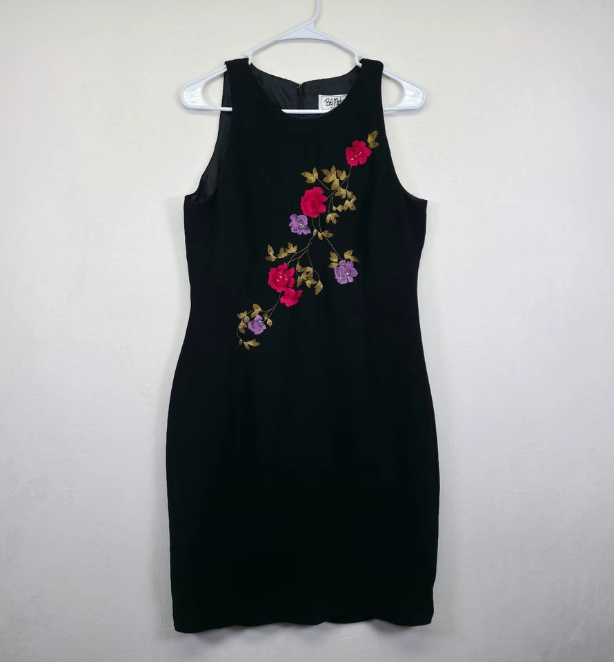 Vestido Bob Mackie Feminino 10 Bainha Preta Floral Bordado Lantejoulas Frisadas Coquetel - Imagem 2 de 4