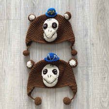 2x Childrens Kids Crochet Knit Monkey Hat Winter Beanie Ear Flap Brown