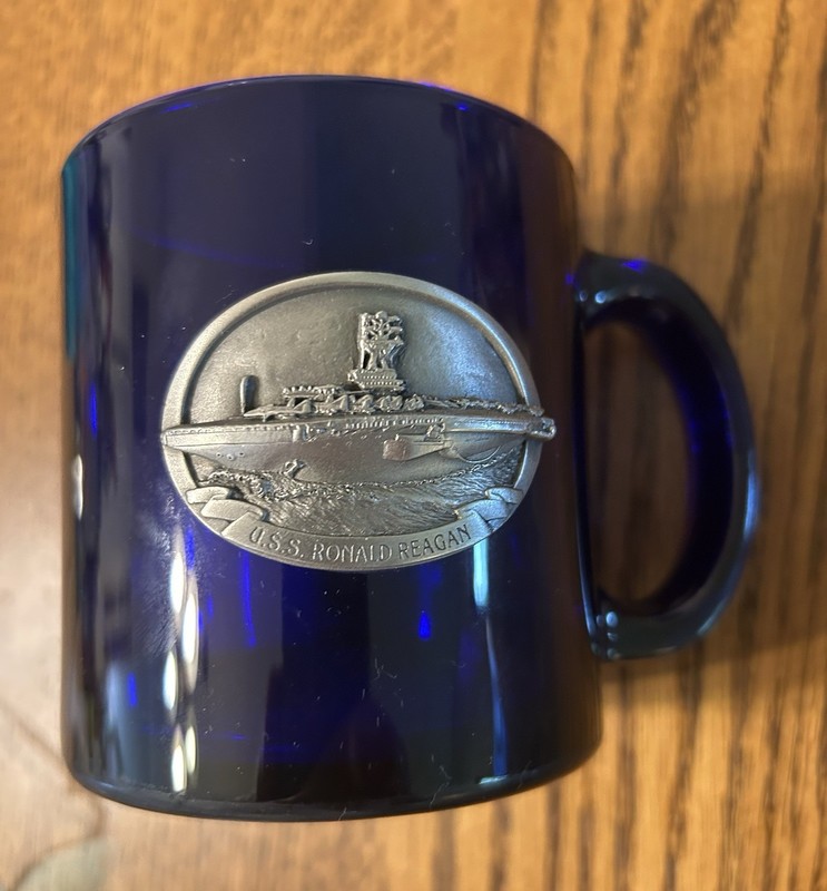 USS Ronald Reagan Cobalt Blue Glass Coffee/Tea Mug  Ornate Pewter Ship - EUC