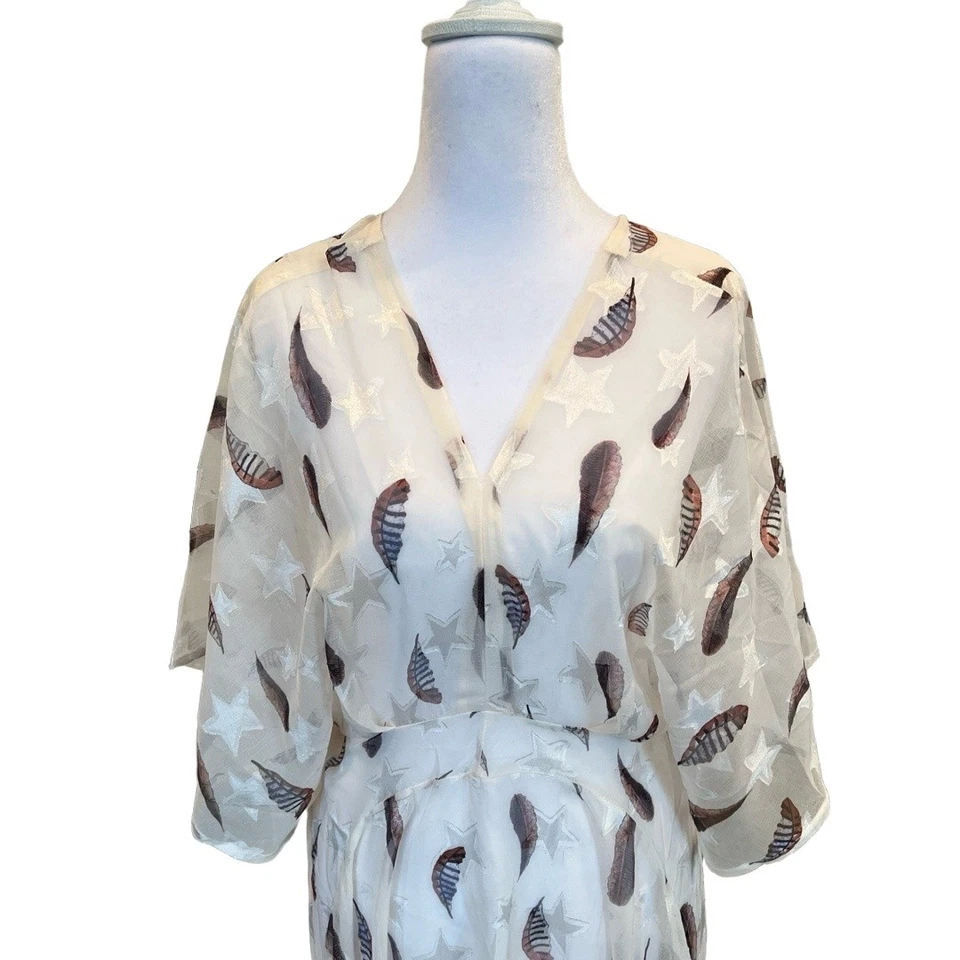 Unbranded Maxi Midi Dress XL Off-White Sheer Feather Star Flowy Unique Boho Y2K - Image 3 of 4