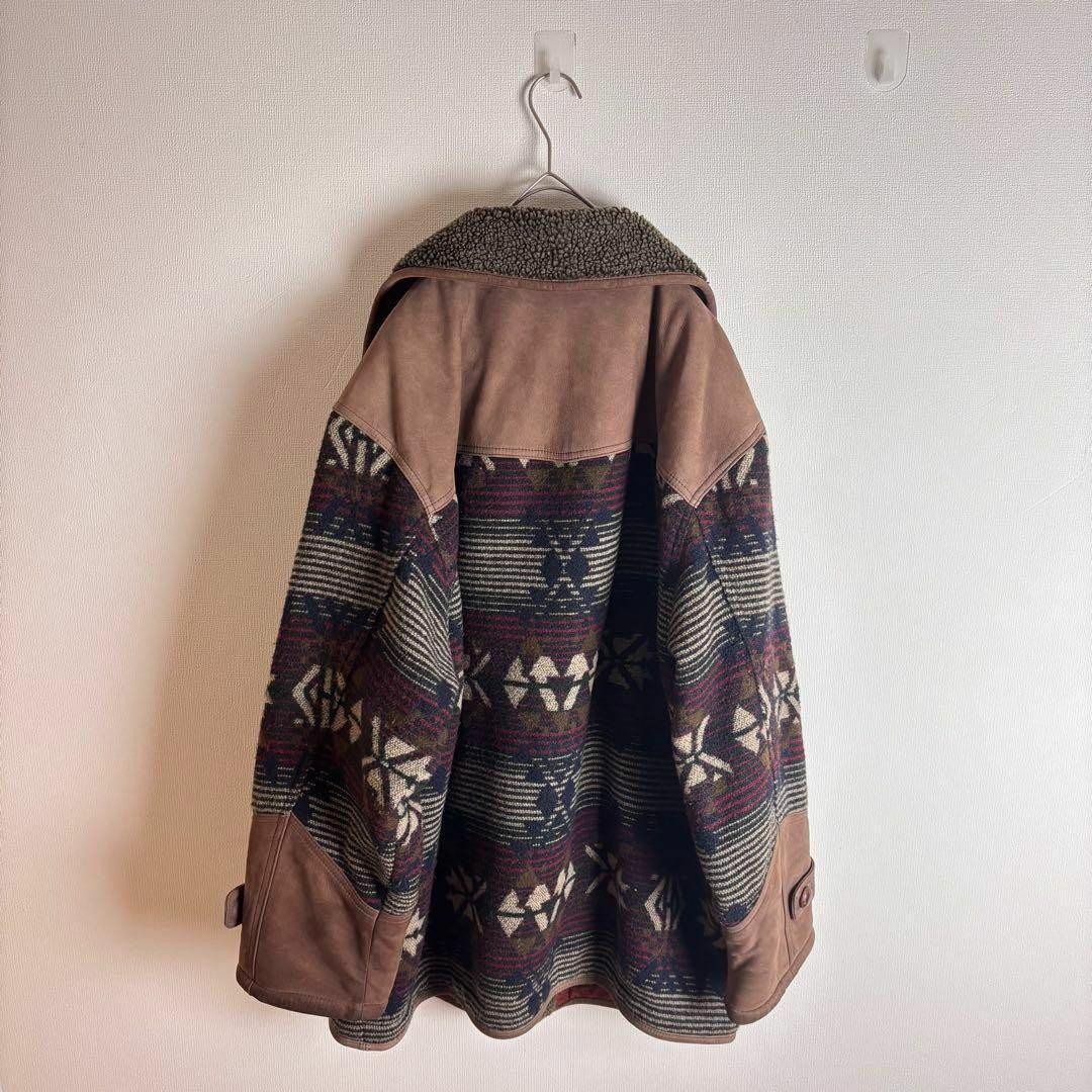 Vintage Leather Jacket Native Pattern Boa Collar … - image 2