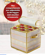 Christmas Ornament Storage Box 2-Sided Dual-Zipper 64 Ornaments 13.5x13" Gold