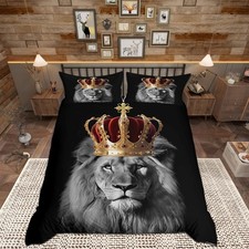 Wild Lion Kids Duvet Cover Set Full Size,Golden King Crown 3D Wildlife Comfor...