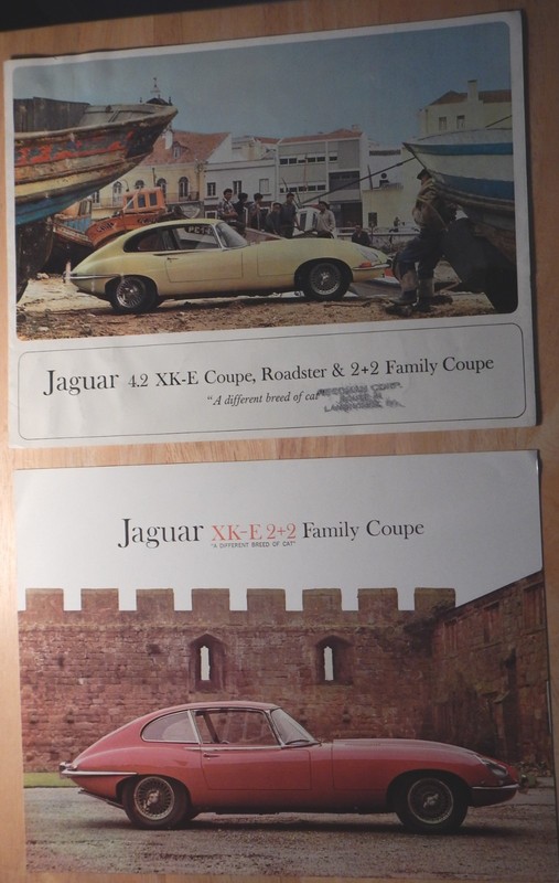 3 Jaguar Series 1 XK-E Coupe, Roadster, 2+2 Brochures, 2 Single & 1 Triple Sheet