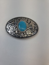 Floral Silver Toned And Turquoise Belt Buckle