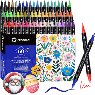 Artecho Acrylstifte 60 Farben, 0.5-5Mm Wasserfester Dual Tip Marker (Pinsel Und 