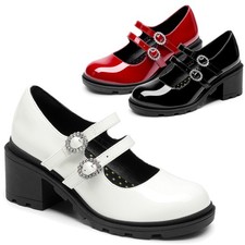 Girls Double Straps Uniform Loafers Platform Chunky Heels Mary Jane Dress Shoes