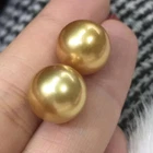 Pair of 13mm natural south sea genuine gold round good luster loose pearl 337AAA