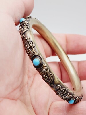 アクセサリー Vintage Silver Turquoise Bangle 925 RARE Antique VICTORIAN EMBOSSED Turquoise glass Sterling Silver