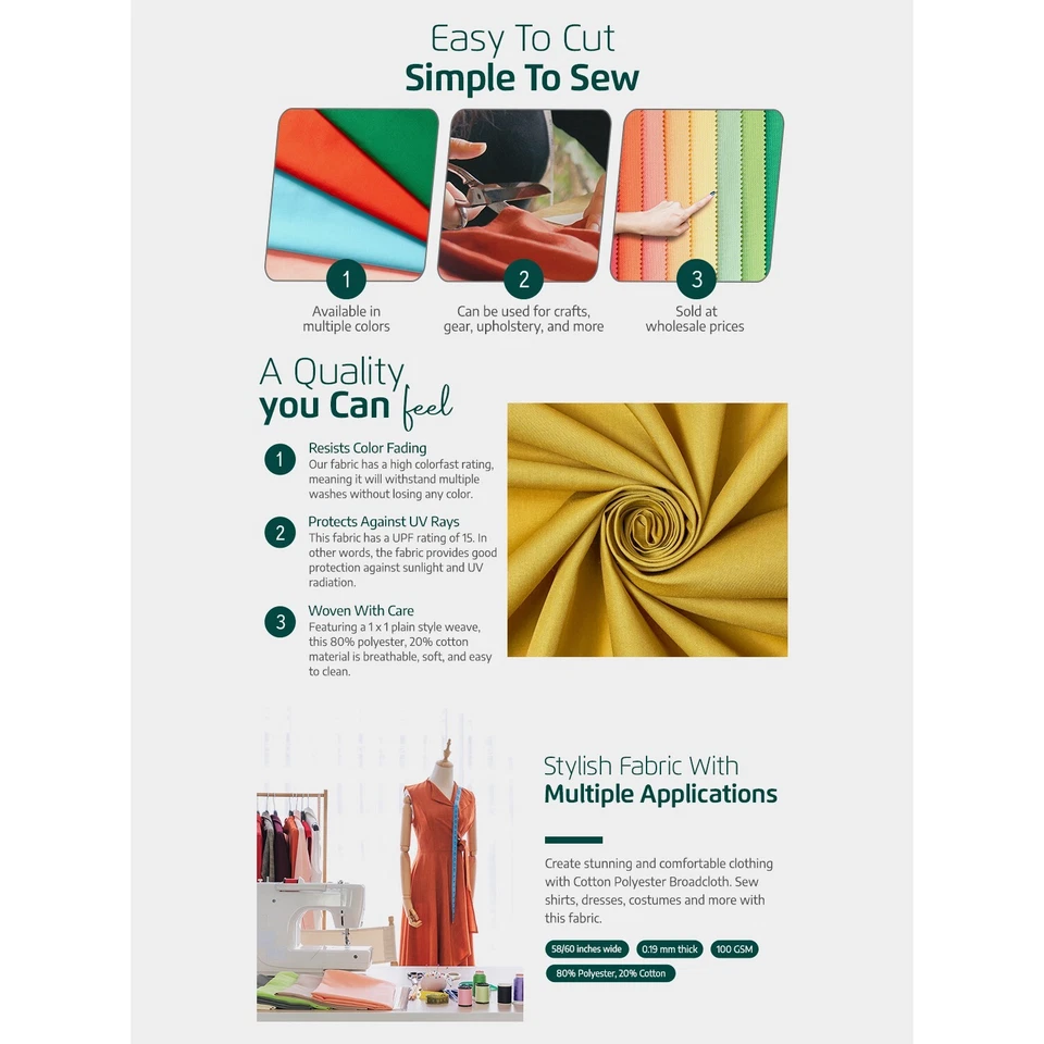 Tela ancha de algodón y poliéster (58/60 pulgadas) de tejido liso por yarda Foto 2 de 2