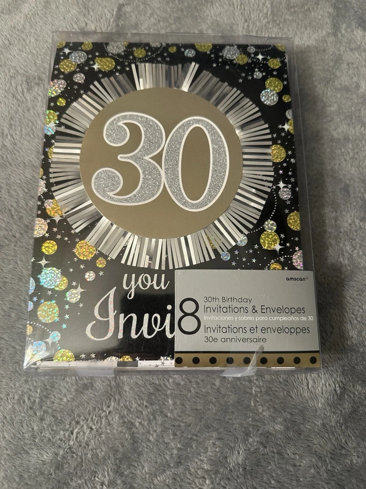 Invitaciones de fiesta de cumpleaños 30 negro dorado plata brillante hombres mujeres 2 paquetes 18 Foto 2 de 4