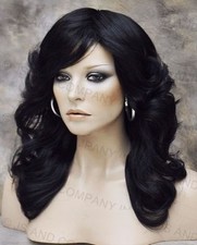 Farrah Fawcett Glamorosa Nueva Peluca Negra Grande Abierta Ondulada Mediana CA 1B