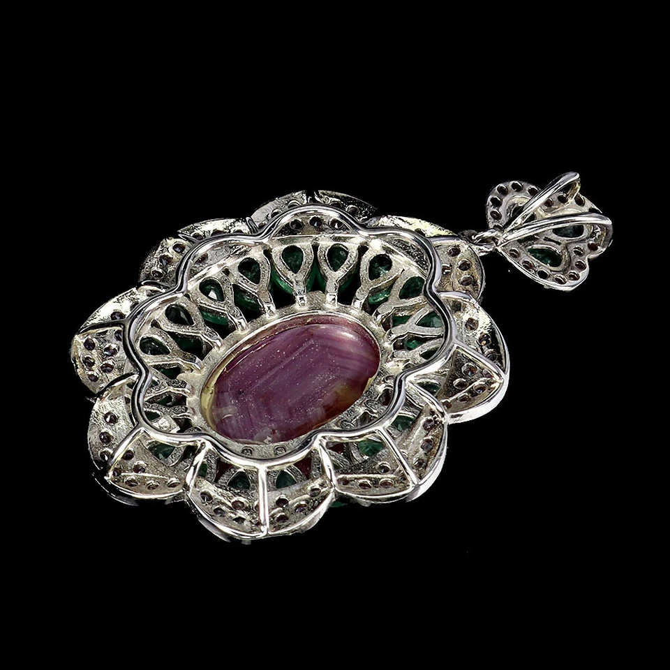 925 Sterling Silber Anhänger Oval Star Rubin 6Rays 11ct Smaragd Schmuck Handmade - Bild 3 von 4