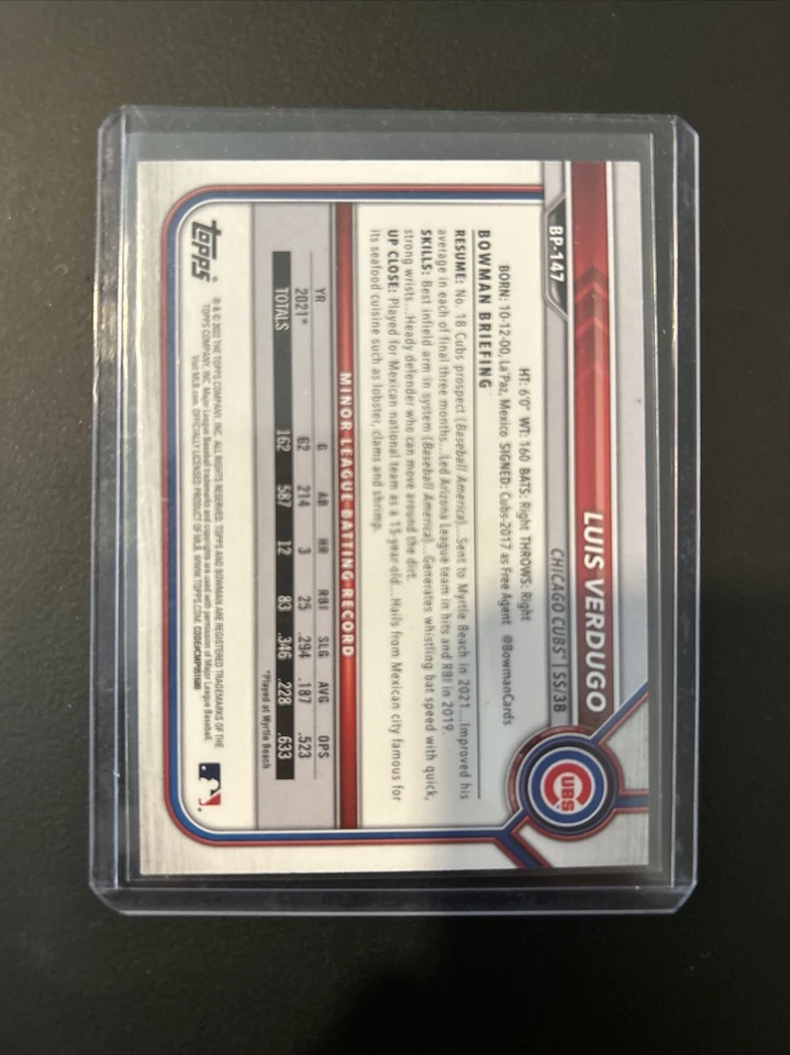 2022 Bowman LUIS VERDUGO #BP-147 1st Bowman Purple # /250 Chicago Cubs Prospects - Image 2 of 2