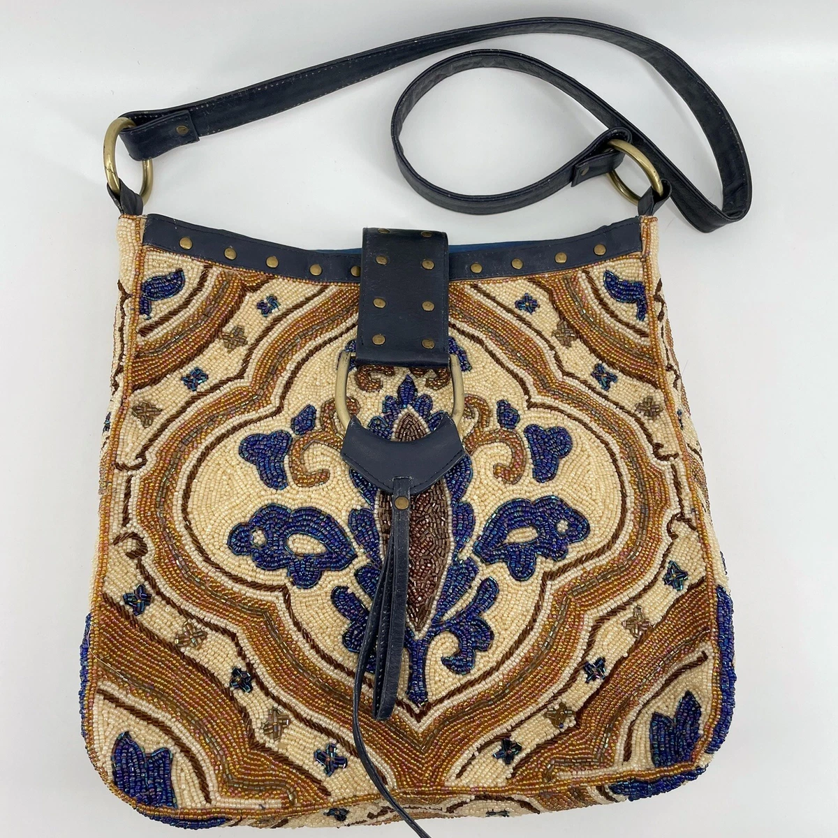 Christiana NWT Ivory/Blue Unique Bohemian Beaded Tapestry Shoulder