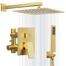 Gold Shower System, 10'' Square Rainfall Shower Head with Handheld Combo Spra...