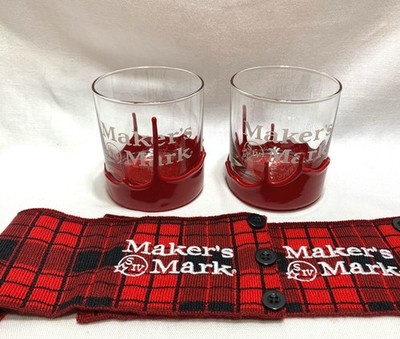 2 Makers Mark Bourbon Whiskey Rocks Glasses Wax Dip & 2 Cloth Can Koozies