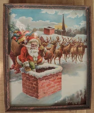 Vintage Print of SANTA CLAUS Going down a Chimney w/ Reindeer & Sleigh on Roof