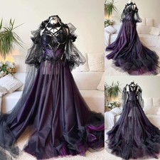Gothic Black and Purple Wedding Dresses with Long Sleeves Tulle Bridal Gowns