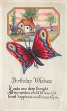 BIRTHDAY GREETINGS WITH BUTTERFLY AND POEM GREAT HAPPINESS 1918 POSTCARD 110425