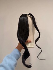 22 inch human hair straight ponytail extension black wavy curled ends