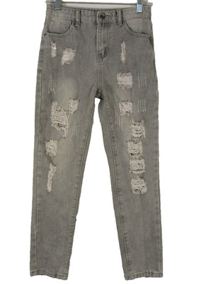 Unbranded Girls High Waist Distressed Denim Jeans Straight Leg Size 12 Gray