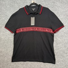 NEW True Religion Polo Shirt Mens Large Black Spell Out Logo Red Classy Collared