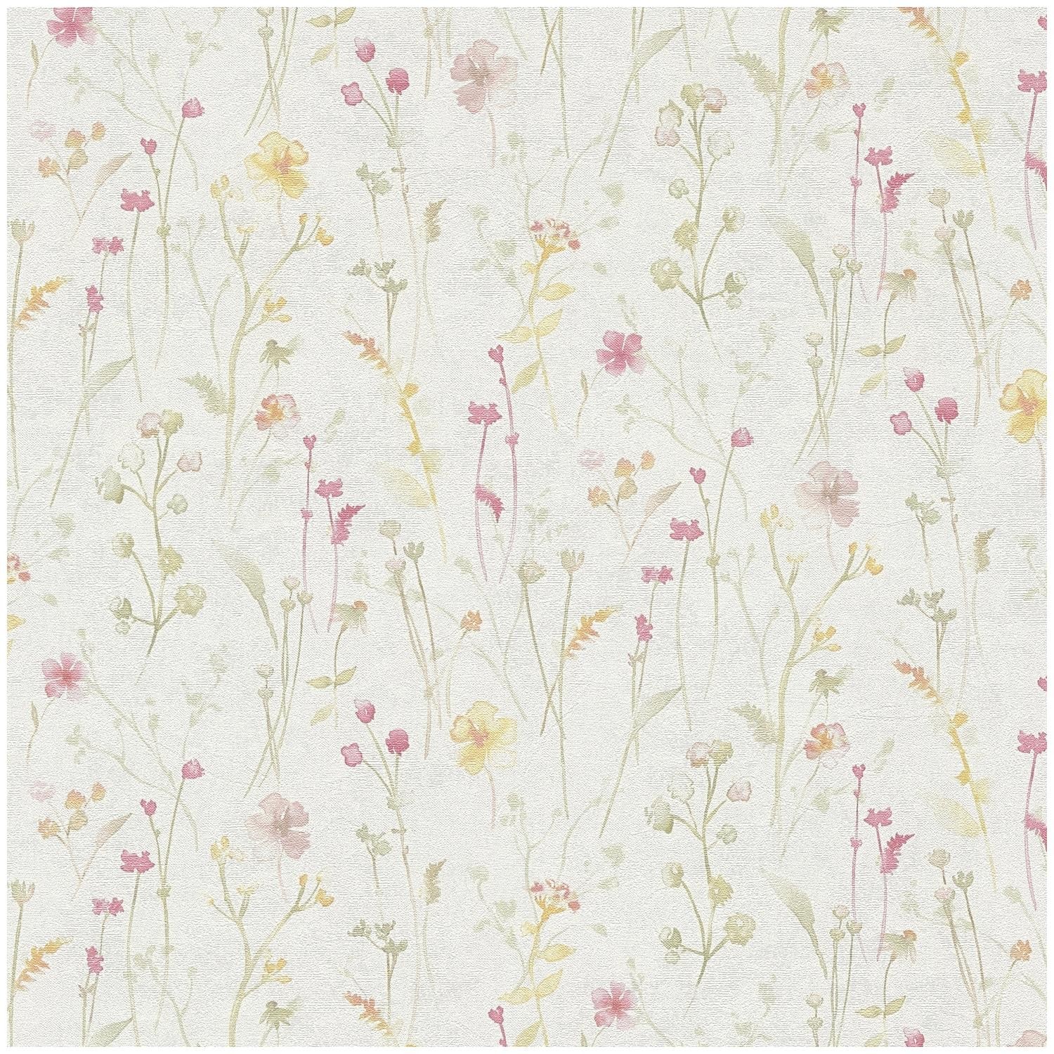 Floral Meadow Wallpaper White Pink Green Yellow Paste The Wall Vinyl Botanical