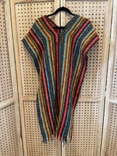 Vintage 1970s Handwoven Wool Poncho Multicolor Stripes Fringe Boho