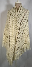 Vintage 60s Cream Large Hand Knit Wool Blend Wrap Piano Shawl Long Fringe Wrap