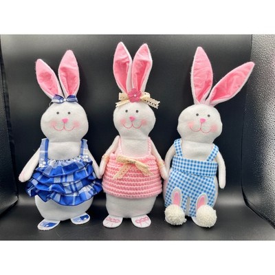 Easter Bunny Plush Trio Set White Rabbit Figurines Blue Pink Plaid Gingham Decor