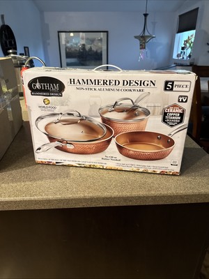 5 Pcs Gotham Non Stick Non Toxic Copper Hammered Pots Pans & Lids, 3pots,2lids