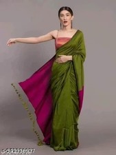 Indian Women's Khadi Cotton Saree With Unstitched Blouse Festive Tassels Sari