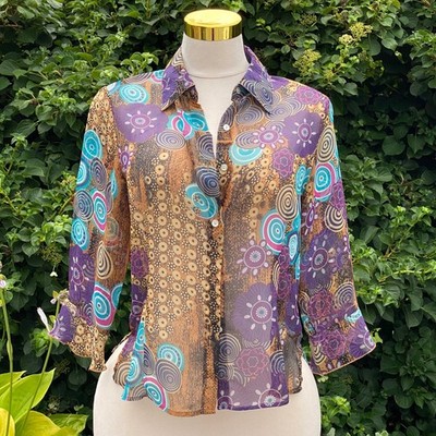 Nicola Neo Deco Colorful Micromesh Whimsy Sheer Blouse Artcore Avant Garde - M