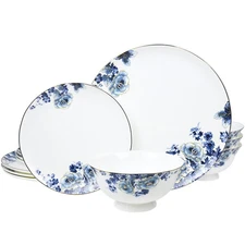 Fine Bone China Dinnerware Set for 4, 12-Piece Blue and White Porcelain Dinne...