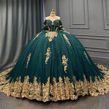 Dark Green Shiny Quinceanera Dresses Gold Applique Bow Party Birthday Sweet 16