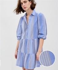 Gap Blue Striped Tiered Puff Sleeve Mini Shirt Dress S Academia Patchwork Prep