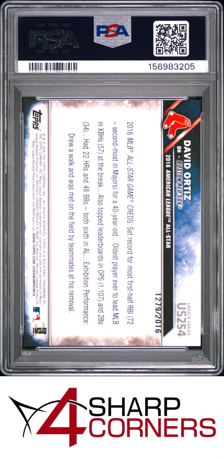 2016 TOPPS UPDATE GOLD #US254 DAVID ORTIZ HOF RAISING HELMET #/2016 POP 6 PSA 10 view 2