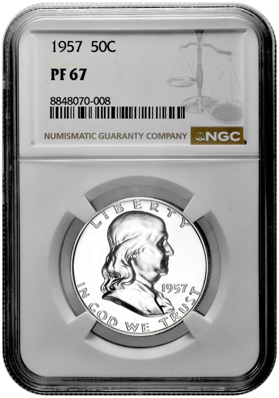 1957 50C Proof Silver Franklin Half Dollar NGC Graded PF 67 White Coin