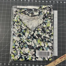 LOGO By Lori Goldstein Top Size L Black / Blue Geo Stretch Tunic Pockets - New